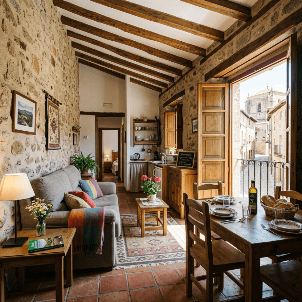 Rustic stone cottage interior with seating, dining table, kitchen, and village view